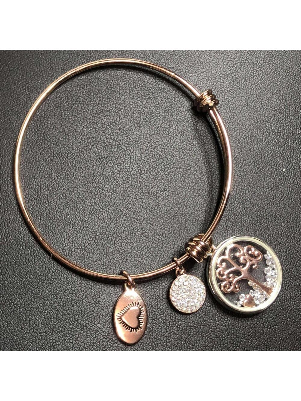 1846 Footnotes Family tree Stainls steel charm CZ rose tone adjustable Bracelet